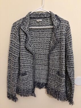 Sioni Blue/Gray Tweed Open-Front Fringe Cardigan
